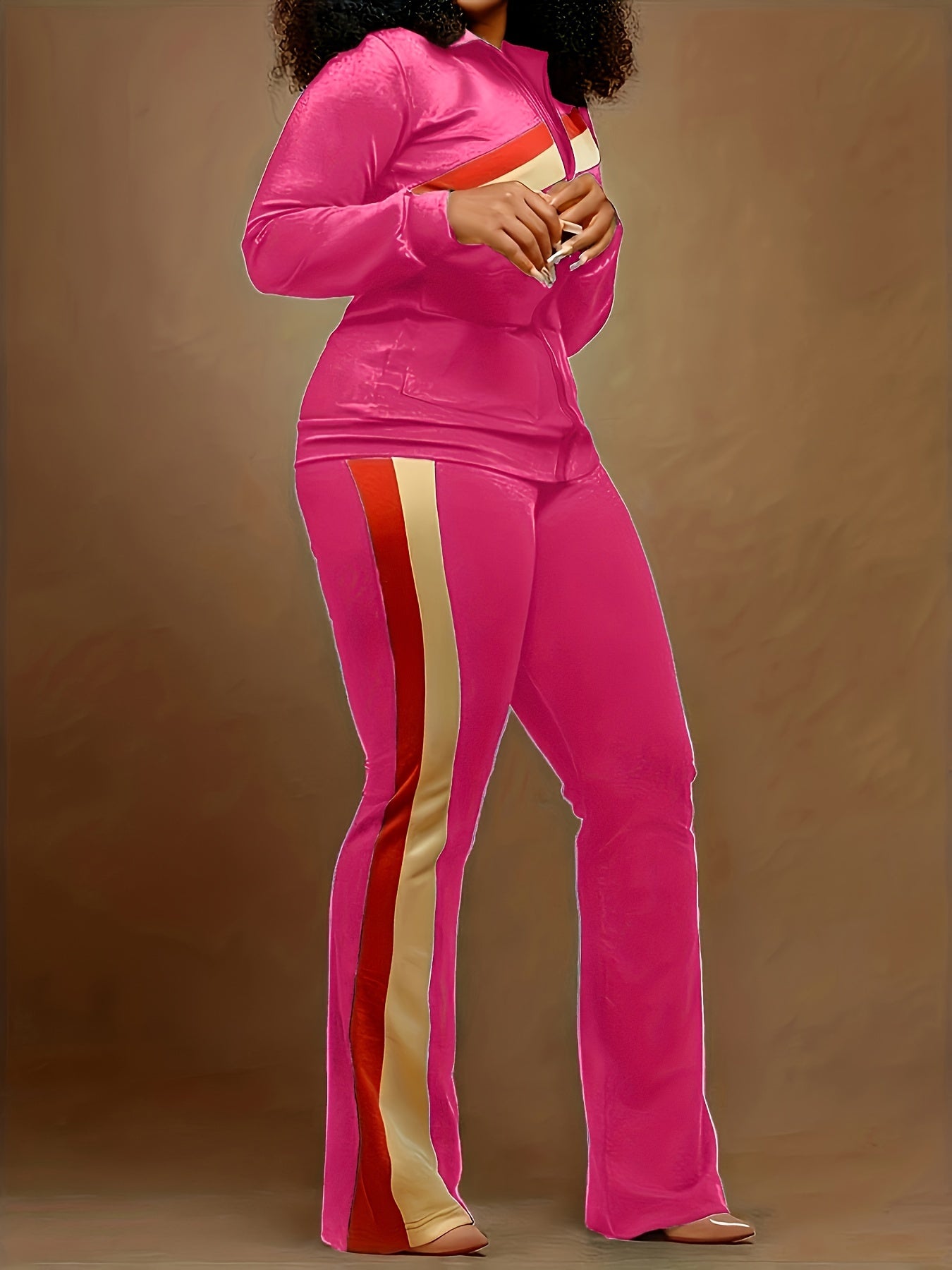 Two-piece Set, Long Sleeve & Long Length, Zip Up, Striped Print Retro Outfits, Women's Clothing