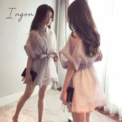 Ingvn - Summer Outfits Summer Two-piece Set Mini Dress Women Korean Short Sleeve Stand Organza Belt Single-breasted T-shirt Dresses + Cotton Base Shirt