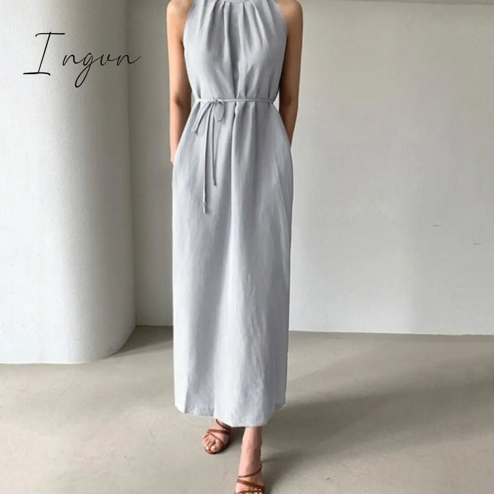 Ingvn - Sexy Sleeveless Summer Dress Sexy Ruffle Maxi Long Dress With Belt Women Bohemian Sundress Party Vestido Autumn Robe