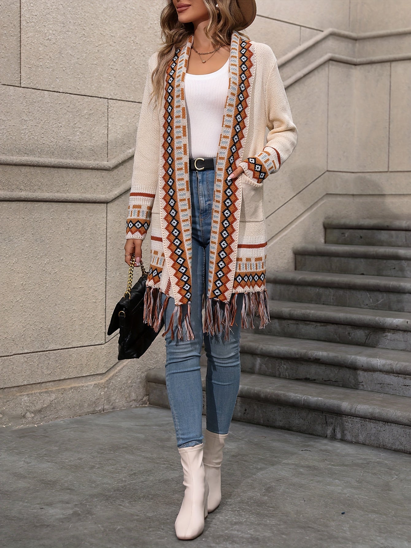 Vibrant Geo Pattern Tassel Hem Cardigan - Long Sleeve, Retro Ethic Style, Soft and Cozy, Perfect for Fall and Winter, Women's Fashion Clothing for Chic and Confident Ladies