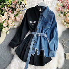 Ingvn - Women's Blouse Autumn Long Sleeve Shirt Tops Jeans Patchwork Plaid Blouses Elegantes Blusas para mujer Slim Shirt Dress