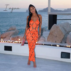 Ingvn - 2023 Summer American Symmetrical Hollow Solid Color Slim Sexy Spicy Girl Dress