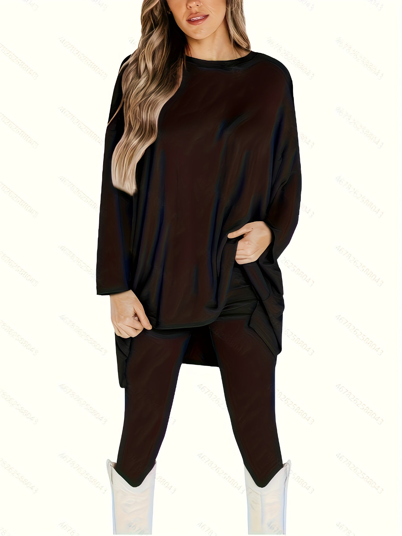 Plus Size Casual Outfits Set, Women's Plus Solid Long Sleeve Round Neck Oversized Top & Leggings Outfits Two Piece Set