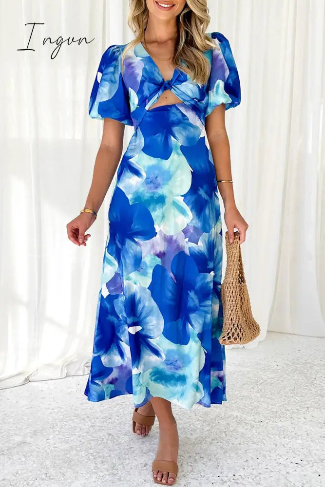Ingvn - Sexy Vacation Gradual Change Print Hollowed Out V Neck A Line Dresses