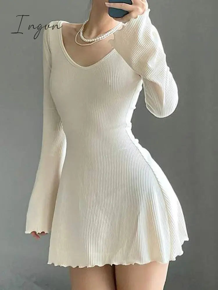 Ingvn - Knitting Elegant Dress For Women Spring Fall Solid Color V Neck Office Lady Irregular Hem Simple Basic Slim Dresses