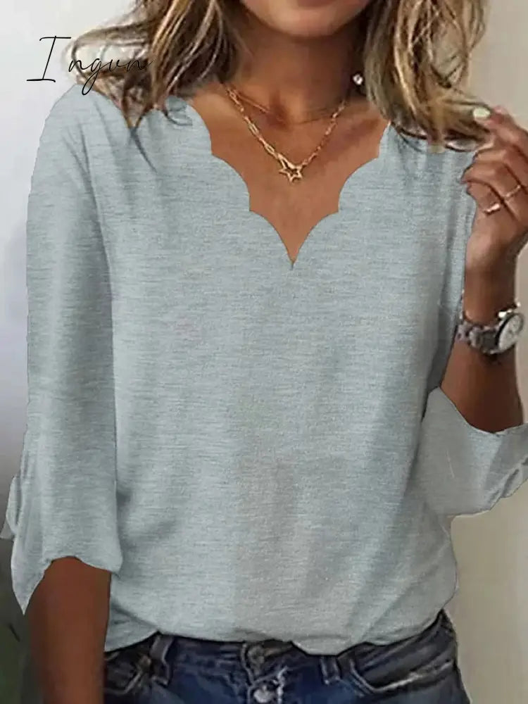 Ingvn - Women's T shirt Tee White Pink Blue Plain 3/4 Length Sleeve Daily Weekend Basic V Neck Regular