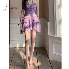Ingvn - 2023 Summer Women's Dress Sexy Fashion Suspender Short Irregular Skirt Dress Purple Shoulder Backless Chiffon Dresses for Women