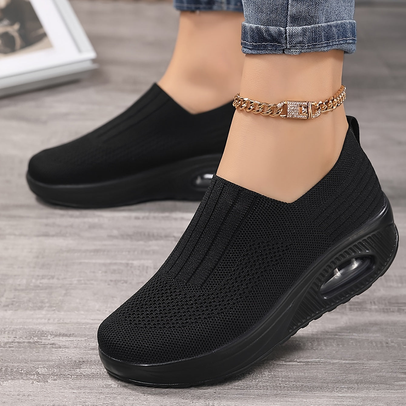 Fashionable Womens Knit Sneakers - Ultra-Comfortable Air Cushion Platform - Lightweight Slip-on Design - Perfect for Outdoor Walking & Daily Wear - Durable Footwear