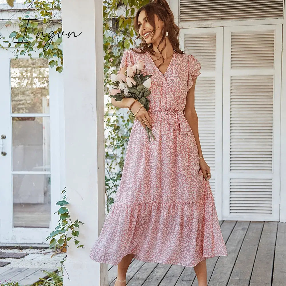 Ingvn - Ladies Vintage Print Chiffon Dress Women Casual Ruffles Long Bohemian Party Beach Summer Dress Women Sundress Female Vestidos