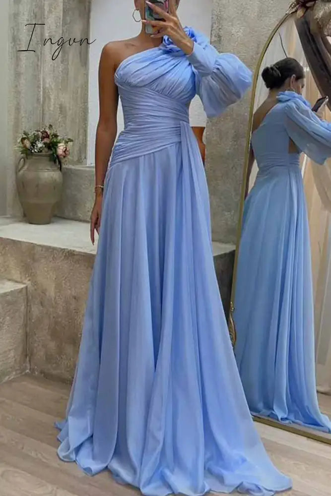 Ingvn - Elegant Solid Fold Oblique Collar Evening Dress Dresses