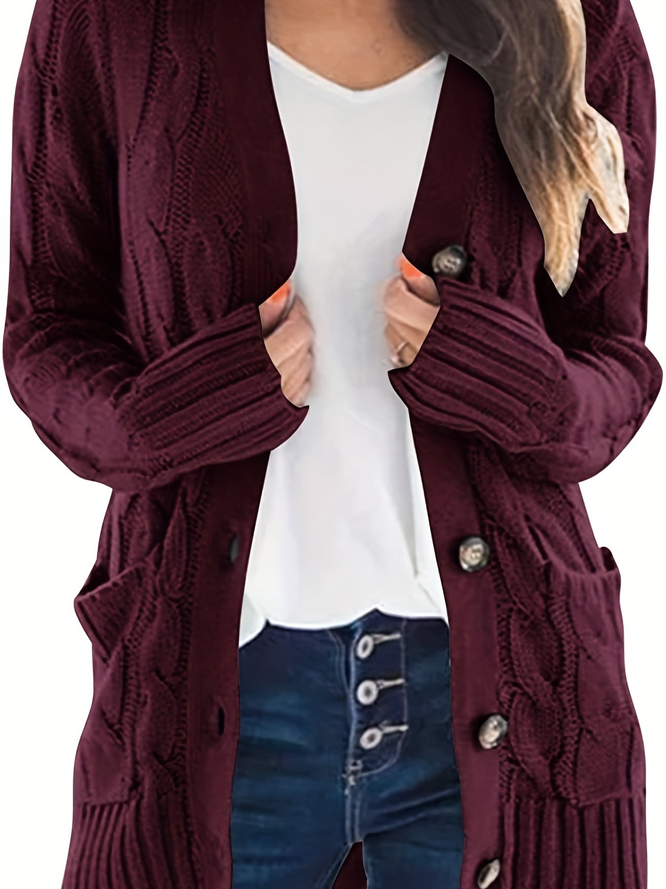 Cable Knit Button Front Cardigan, Casual Solid Long Sleeve Cardigan For Fall & Winter, Women's Clothing