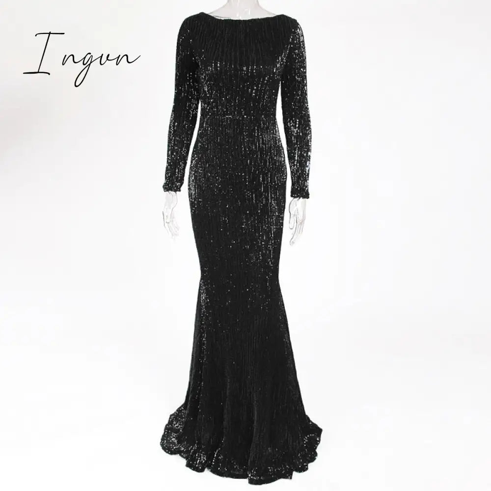 Ingvn - Elegant O Neck Long Sleeve Sequin Maxi Dress Floor Length Stretchy Bodycon Party Dress Gold Green Burgundy Black