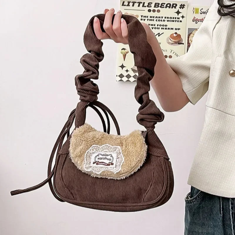 Ingvn  Vintage Shoulder Bag for Women Pleated Cute Casual Plush Fashion Handbag Autumn and Winter Designer Female Aesthetic Bag