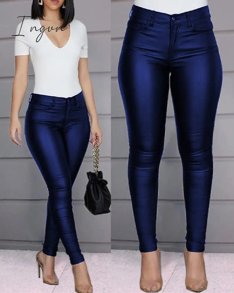 Ingvn - PU Leather Pants Women High Waist Button Zipper Slim Push Up Woman Pencil Pants Casual Pockets Blue Skinny Women Pants Plus Size