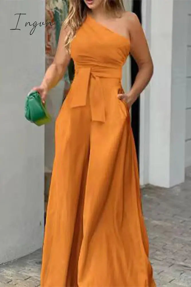 Ingvn - Casual Simplicity Solid Pocket Frenulum Asymmetrical Oblique Collar Loose Jumpsuits