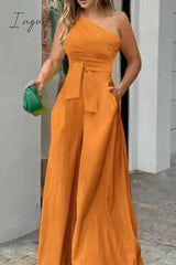 Ingvn - Casual Simplicity Solid Pocket Frenulum Asymmetrical Oblique Collar Loose Jumpsuits