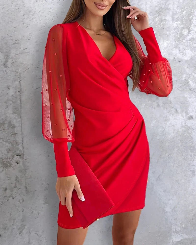 Beaded Mesh Long Sleeve Dress V-Neck Ruched Mini Cocktail Party Dress