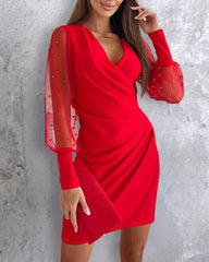 Beaded Mesh Long Sleeve Dress V-Neck Ruched Mini Cocktail Party Dress