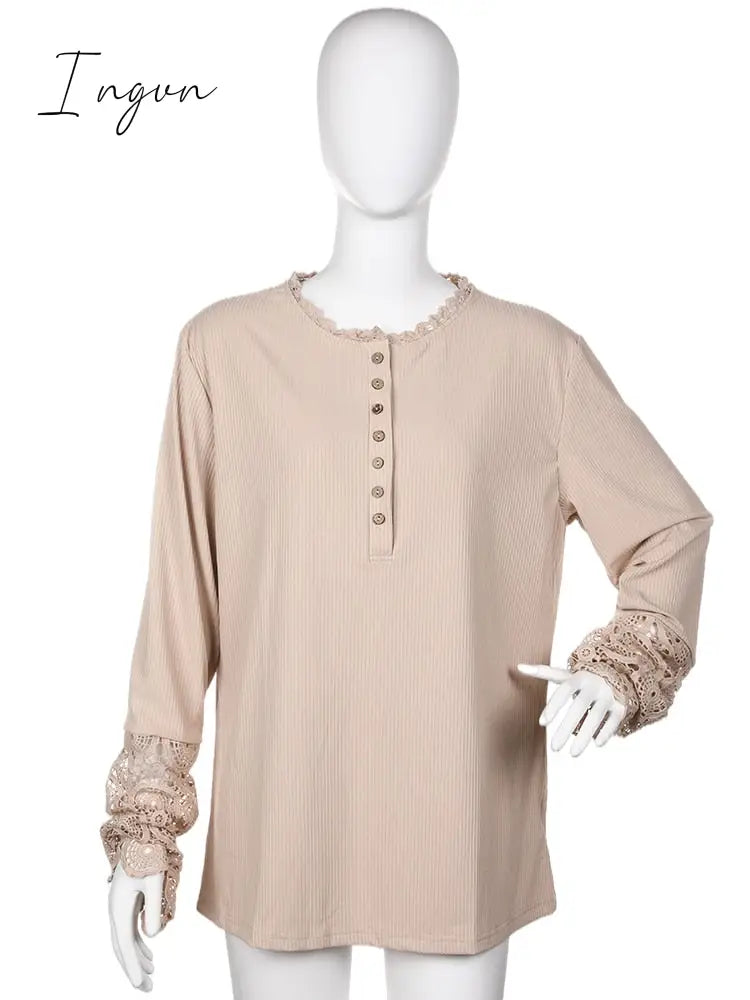 Ingvn - Lace Splicing Top Long Sleeve T Shirt Woman Button Slim Tops Tee Autumn Spring Patchwork Sleeve T-shirt Women Sexy Streetwear
