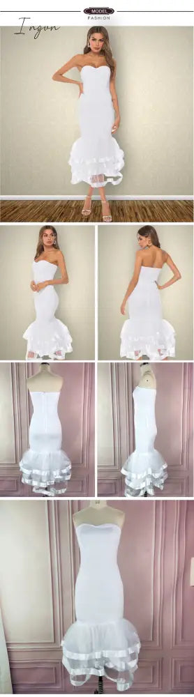 Ingvn - Women White Party Tube Tops Dress Wedding Off Shoulder Sexy Patchwork with Mesh Clubwear Dinner Evening Slim Bodycon Tunic Robes