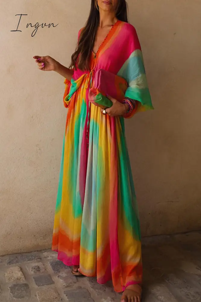 Ingvn - Elegant Gradual Change Contrast V Neck Dresses