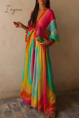 Ingvn - Elegant Gradual Change Contrast V Neck Dresses