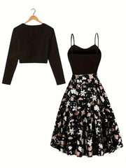 Seasonal Radiance, Elegant Floral Print Dress Set with Open Front Long Sleeve Cardigan & Tie-Waist Spaghetti Suspender Dress - Machine Washable, Polyester - Perfect for Spring/Fall