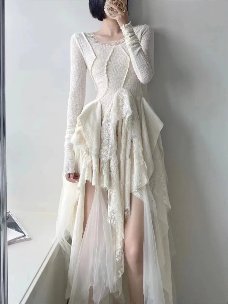 Vintage Elegant Lace Dress for Women French Irregular Splicing Long Bridesmaid Evening Party Dresses Prom Vestido Robe Clothes