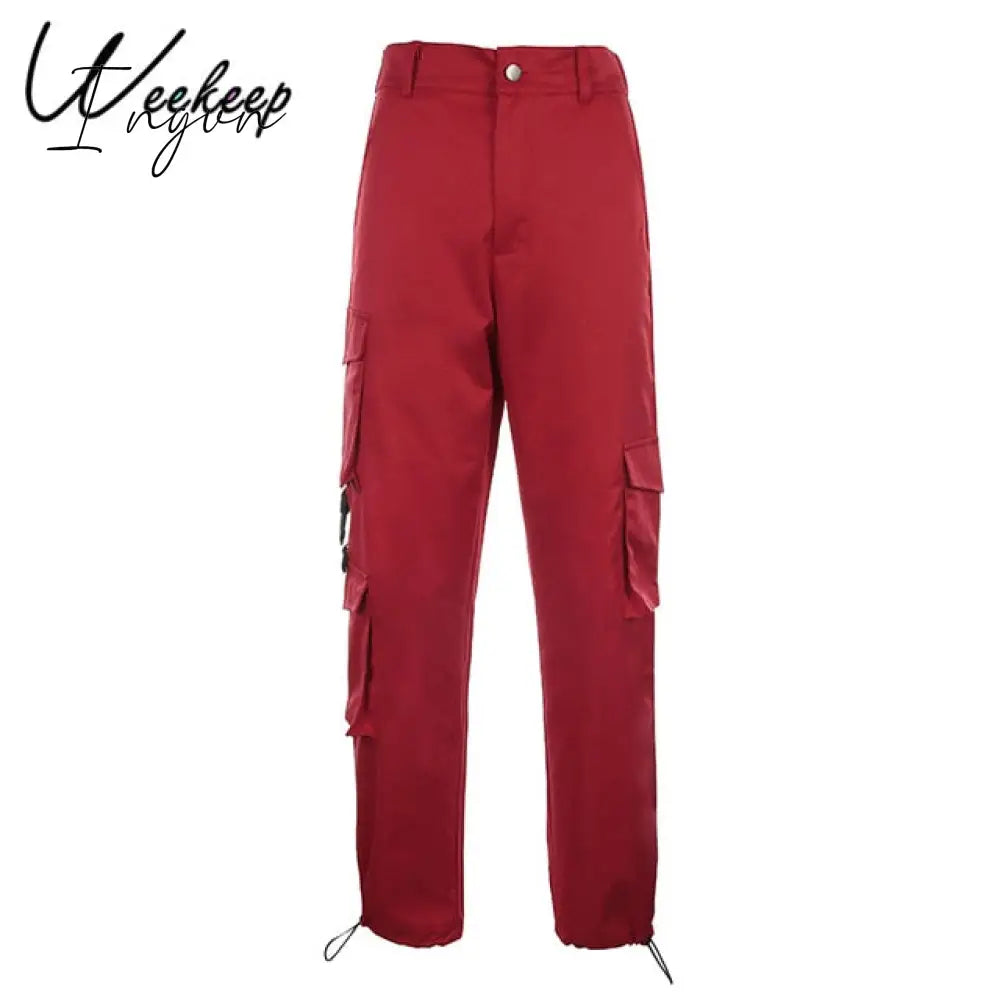 Ingvn - Button Pockets Patchwork Cargo Pants Women Streetwear High Waist Trousers Women Fashion Pencil Pants Joggers Women