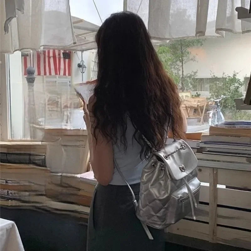 Ingvn  Silver Elegant Womens Backpack Fashion Casual Designer Small Aesthetic Backpacks Simple Literary Female Korean Popular Bag