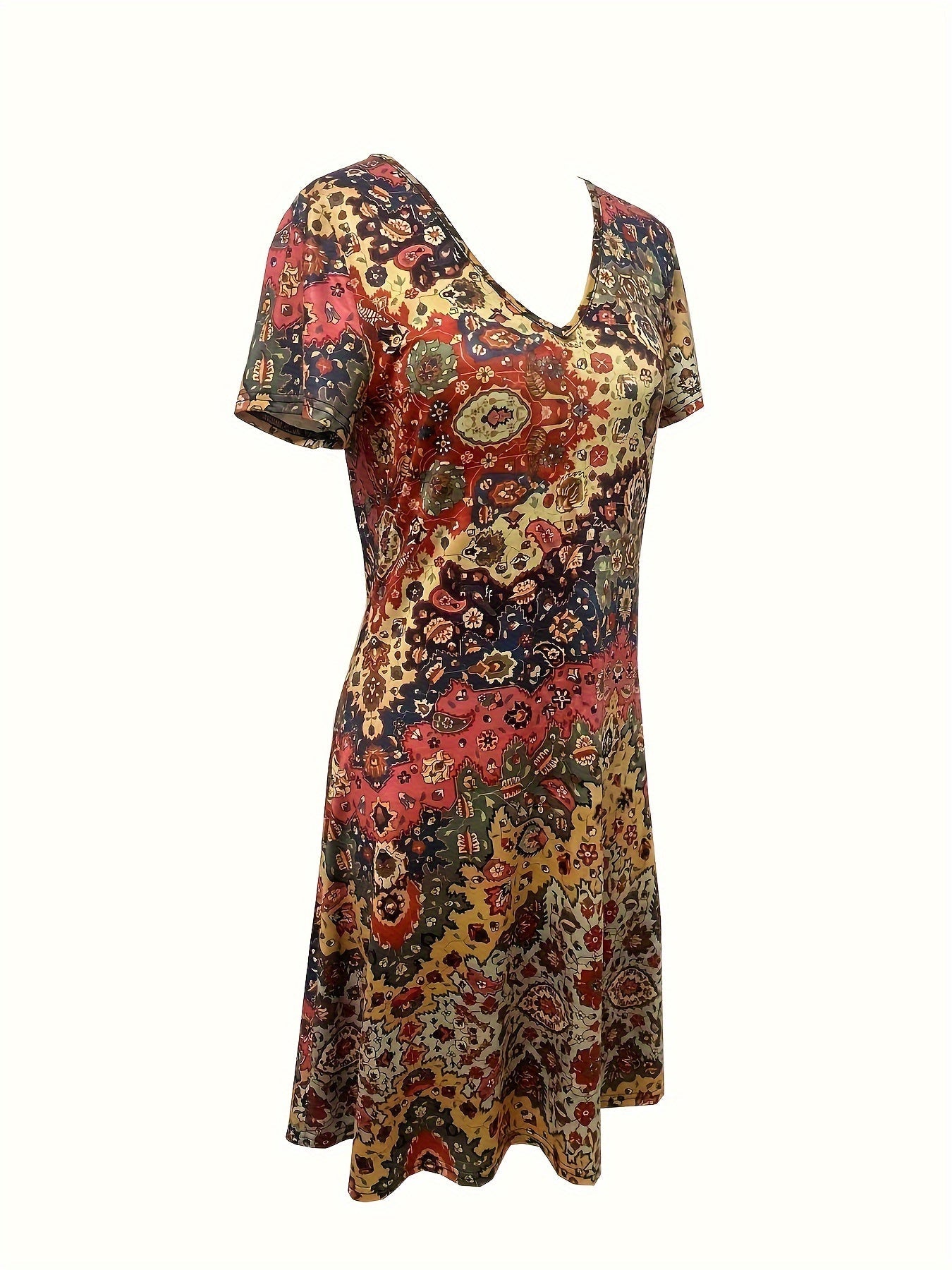Boho Chic V-Neck Dress - Vibrant Floral Print - Comfy Short Sleeves - Perfect for Spring & Summer Fashion