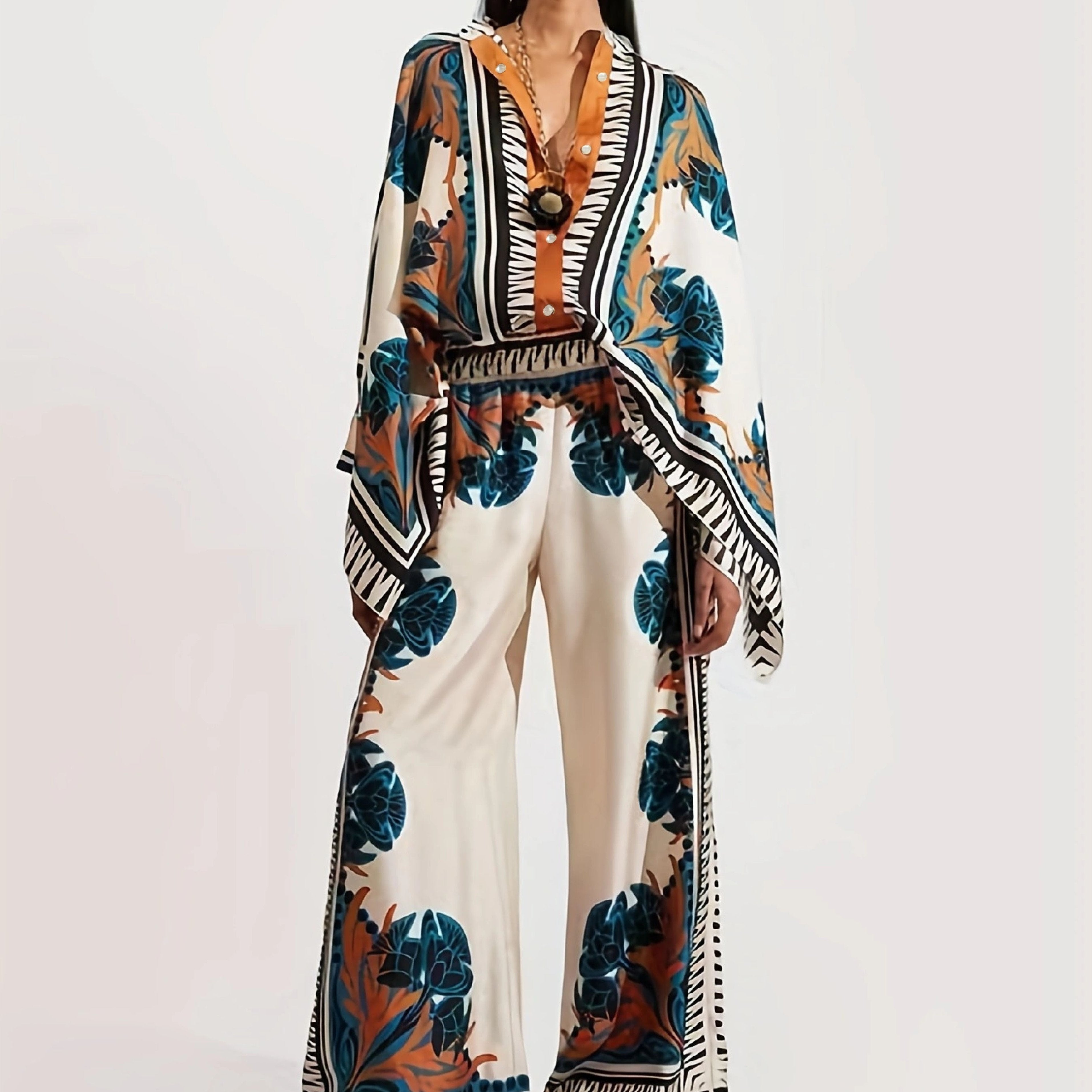 Two-piece Set, Long Sleeve Ethnic Print High Waist Wide Leg Pants Outfits, Button Front Blouse Women's Clothing