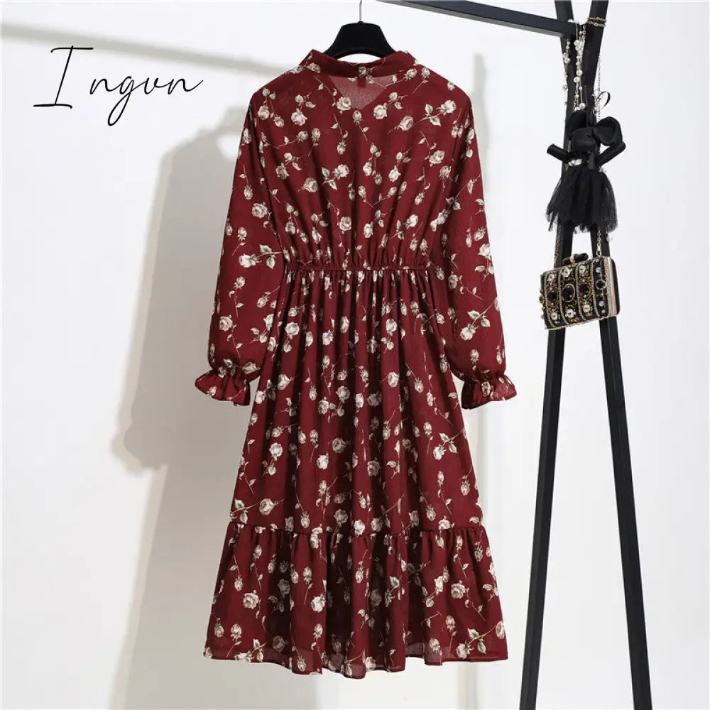 Ingvn - 11 Style Beautiful Fashion Summer Women Long Sleeve Dress Retro Collar Casual High Waist Dresses Floral Print Chiffon Clothing