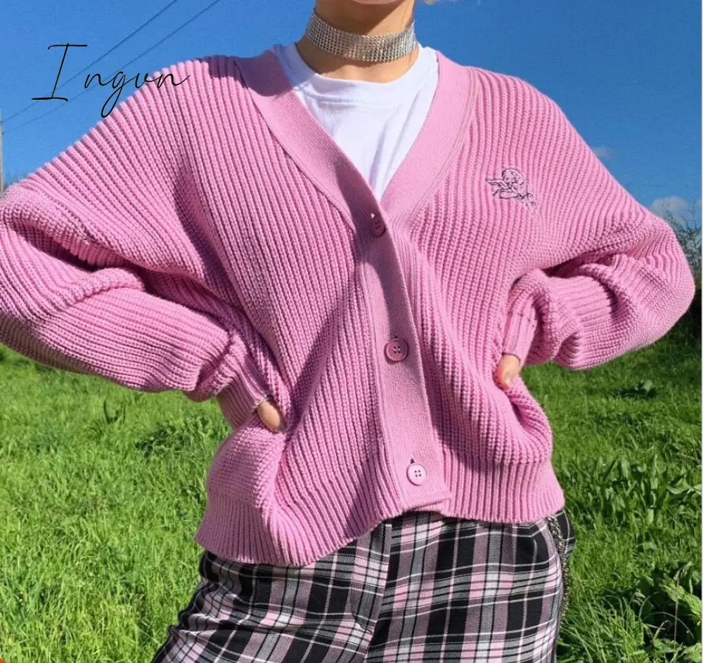 Ingvn - Kawaii Fairycore Pink Sweater Women Aesthetic Streetwear Long Sleeve Crop Tops Y2k E-girl Autumn Knittwear Outfit Femme new years eve outfits women