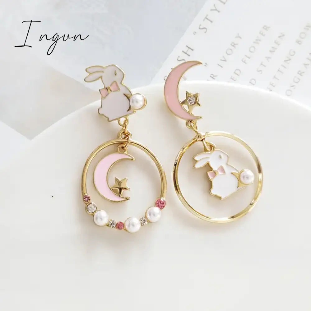 Korean Style Flower Cute Animal Dangle Earrings For Women Moon Stars Kitten Rabbit Balloon Asymmetric Earring Party Jewelry Gift