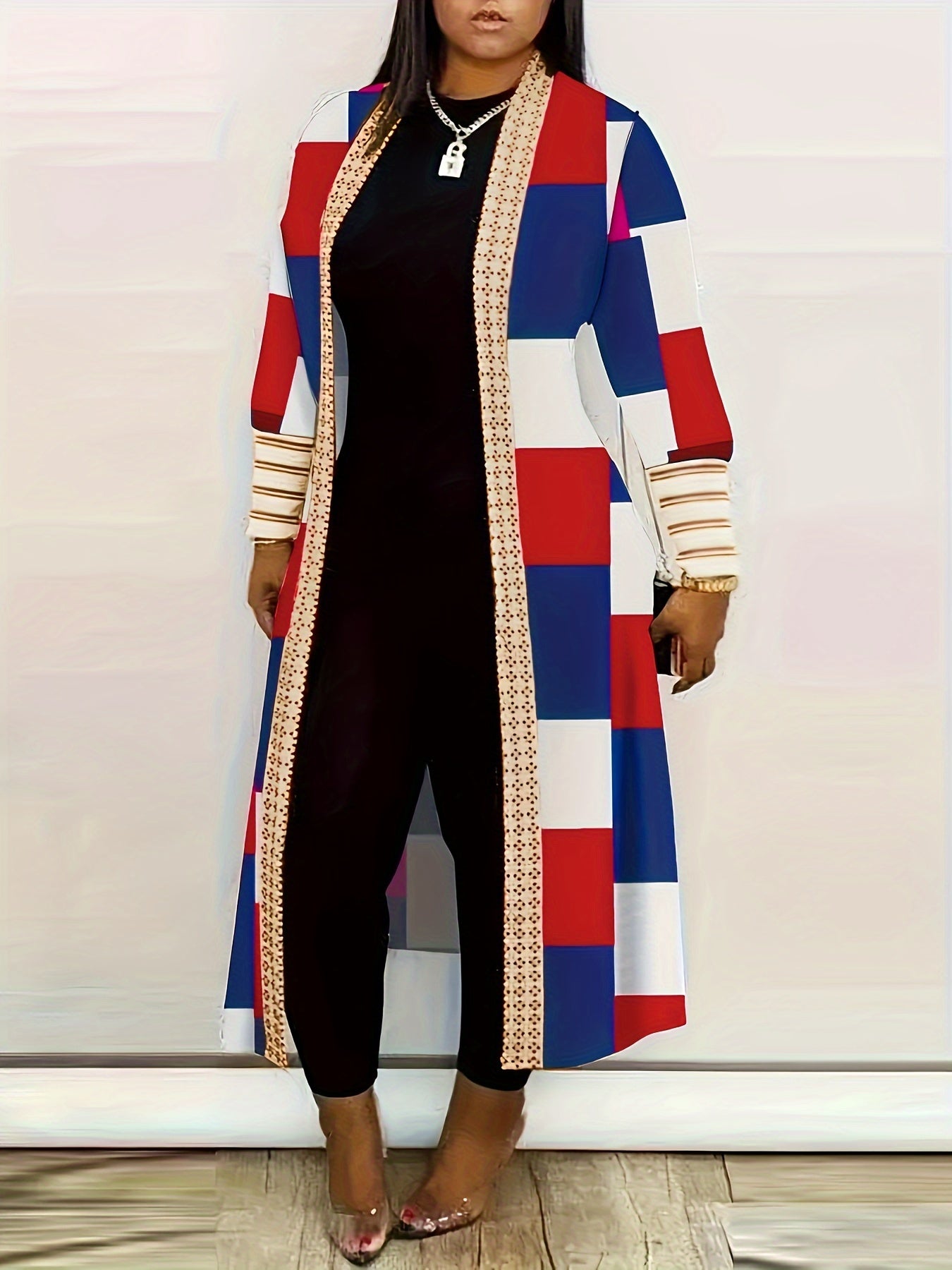 Long Sleeve Colorblock Geometric Print Casual Open Front Cardigan, Women's Clothing