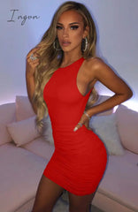 Ingvn - Sexy Hollow Out Backless Party Dresses Summer Women Sleeveless O-Neck White Tank Dress Lady Ruched Bodycon Mini Black Dress