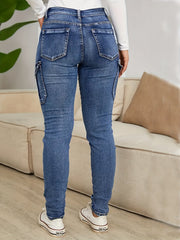 Womens Ultra-Skinny Cargo Jeans with Fashionable Flap Pockets - Classic Washed Blue Denim Pants - Premium Versatile Denim Clothing for Trendsetters