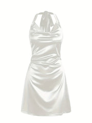 Sexy Satin Cowl Neck Halter Dress - Backless Mini Dress for Evening Party - Women's Clothing
