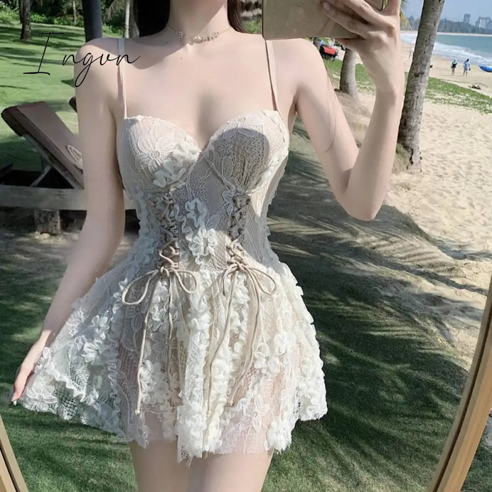 Ingvn - Backless Dress Women Lace Sexy Short Embroidery Mini Y2k Push Up Dress with Flowers Korean Dress Summer Gothic Party