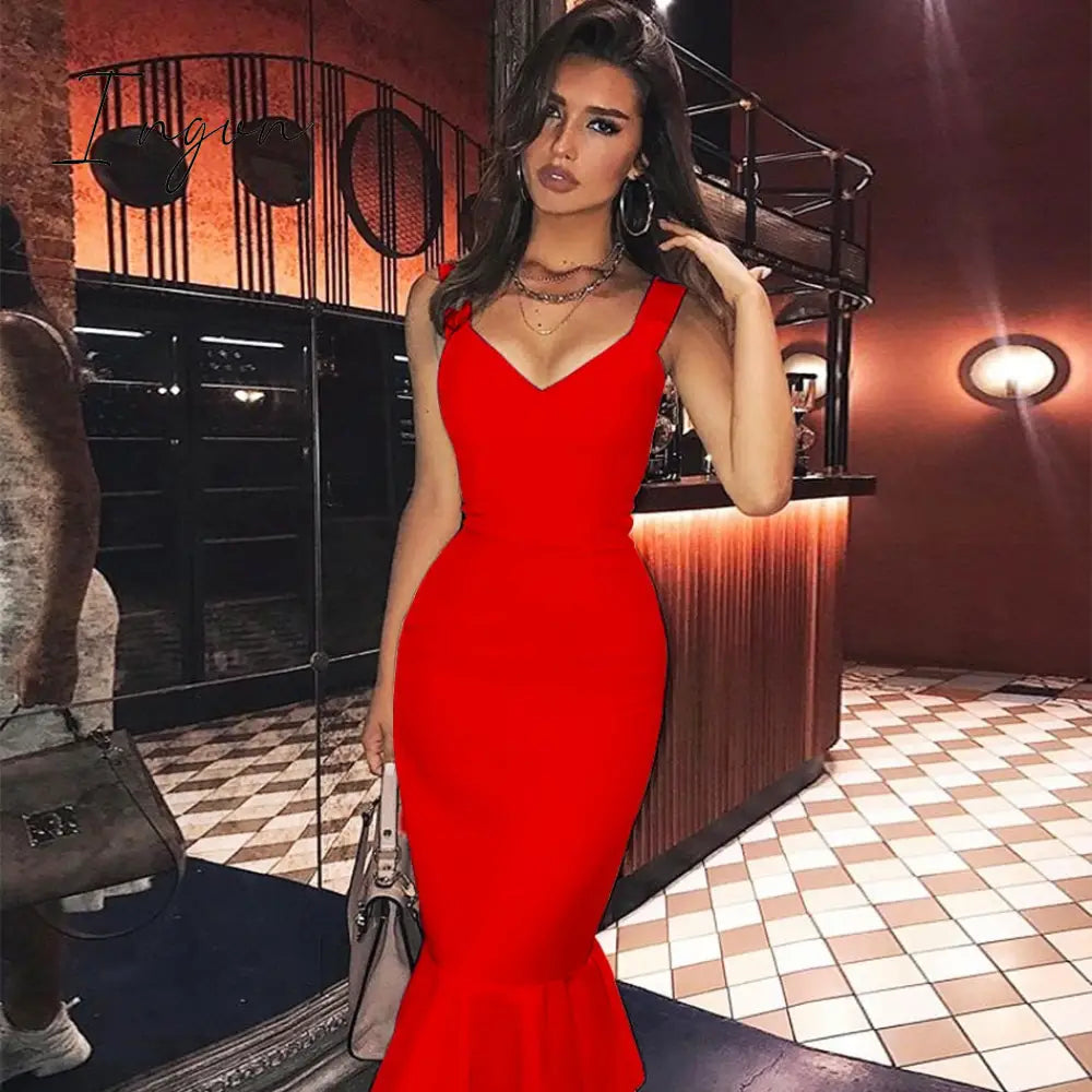 Ingvn - New Summer Women White Bandage Dress Sexy Spaghetti Strap Sleeveless Bodycon Club Celebrity Evening Party Lady Dress