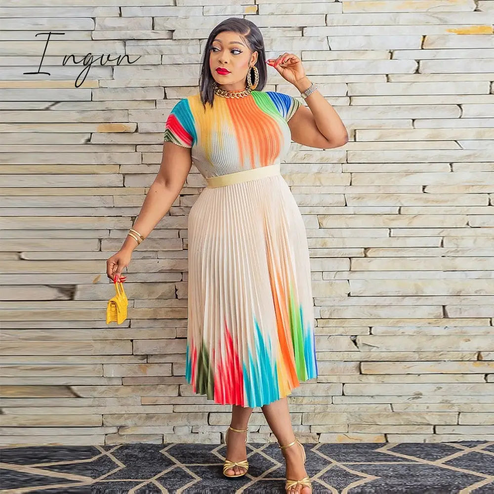 Ingvn - Long Pleated Dress Sets Women 2 Piece Outfits Summer Short Sleeve Gardient Print Swing Skirt Set Elegant Casual 2023 New In