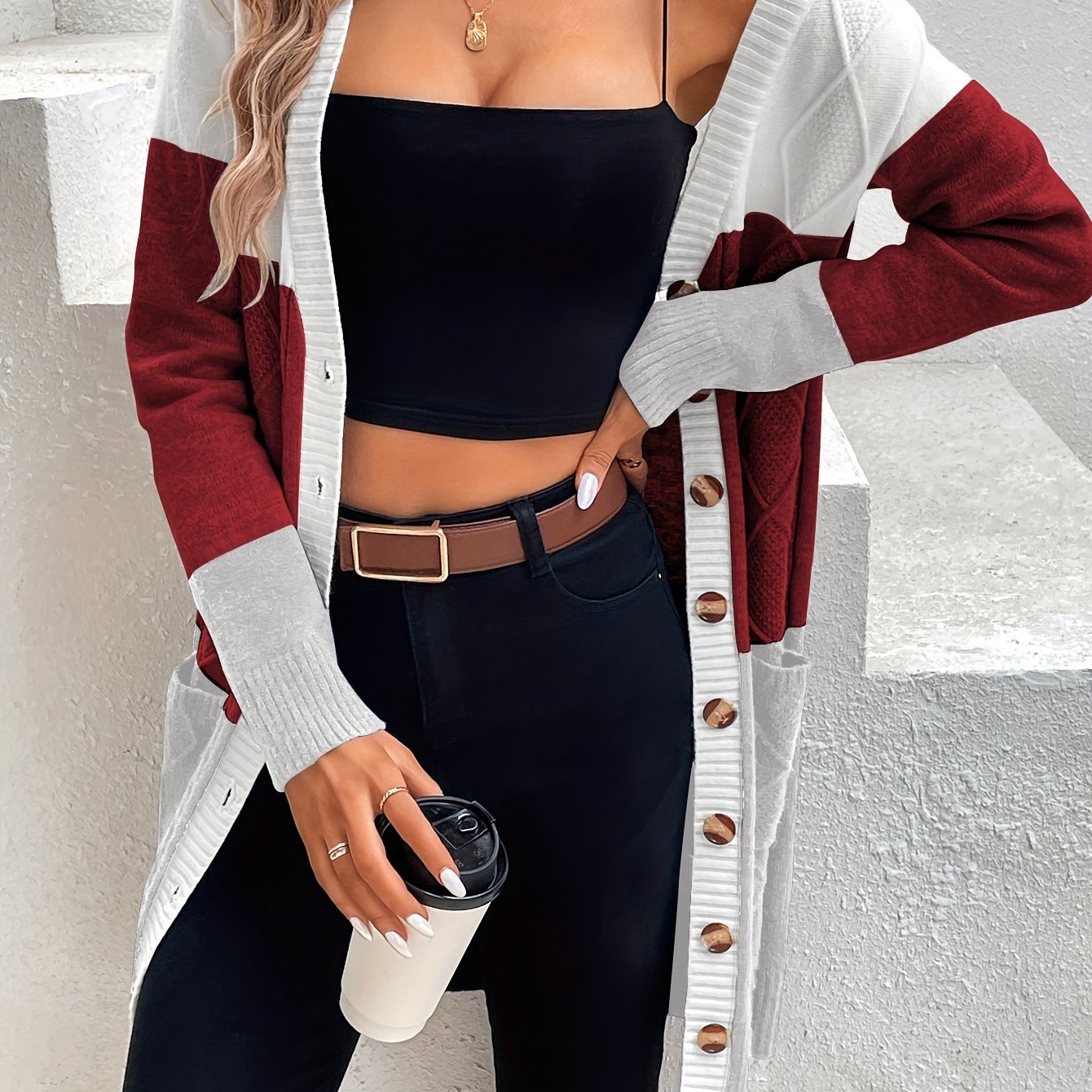 Versatile Long Sleeve Color Block Single Breasted Cardigan for Spring & Fall, Women's Clothing