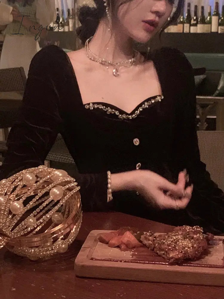 Ingvn - Summer New Elegant Spaghetti Strap Velvet Vintage Black Dress Women Sexy Prom Evening Party Fashion Clothing
