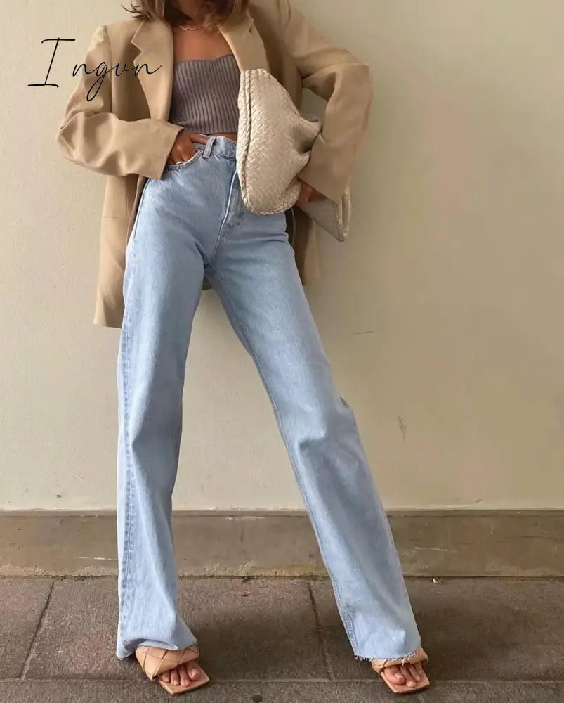 Ingvn - Spring Outfits Casual Fashion Straight Leg Women's Jeans Denim Bottom Harajuku Boyfriend Long High Waist Baggy Jeans Fall Pants