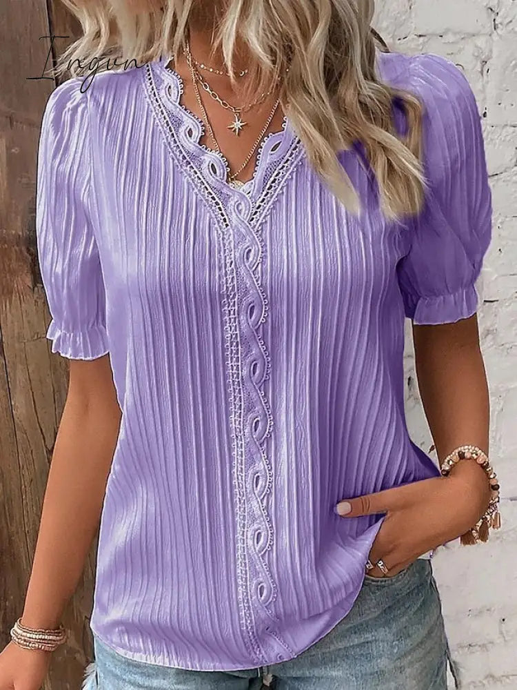 Ingvn - Women's Shirt Blouse yellow-green Violets White Plain Lace Short Sleeve Casual Basic V Neck