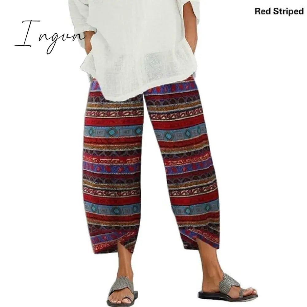 Ingvn - Vintage Harem Pants Women Casual Loose Printed Elastic Waist Cotton Linen Wide Leg Pants Summer Irregular Pantalon Cropped Pants