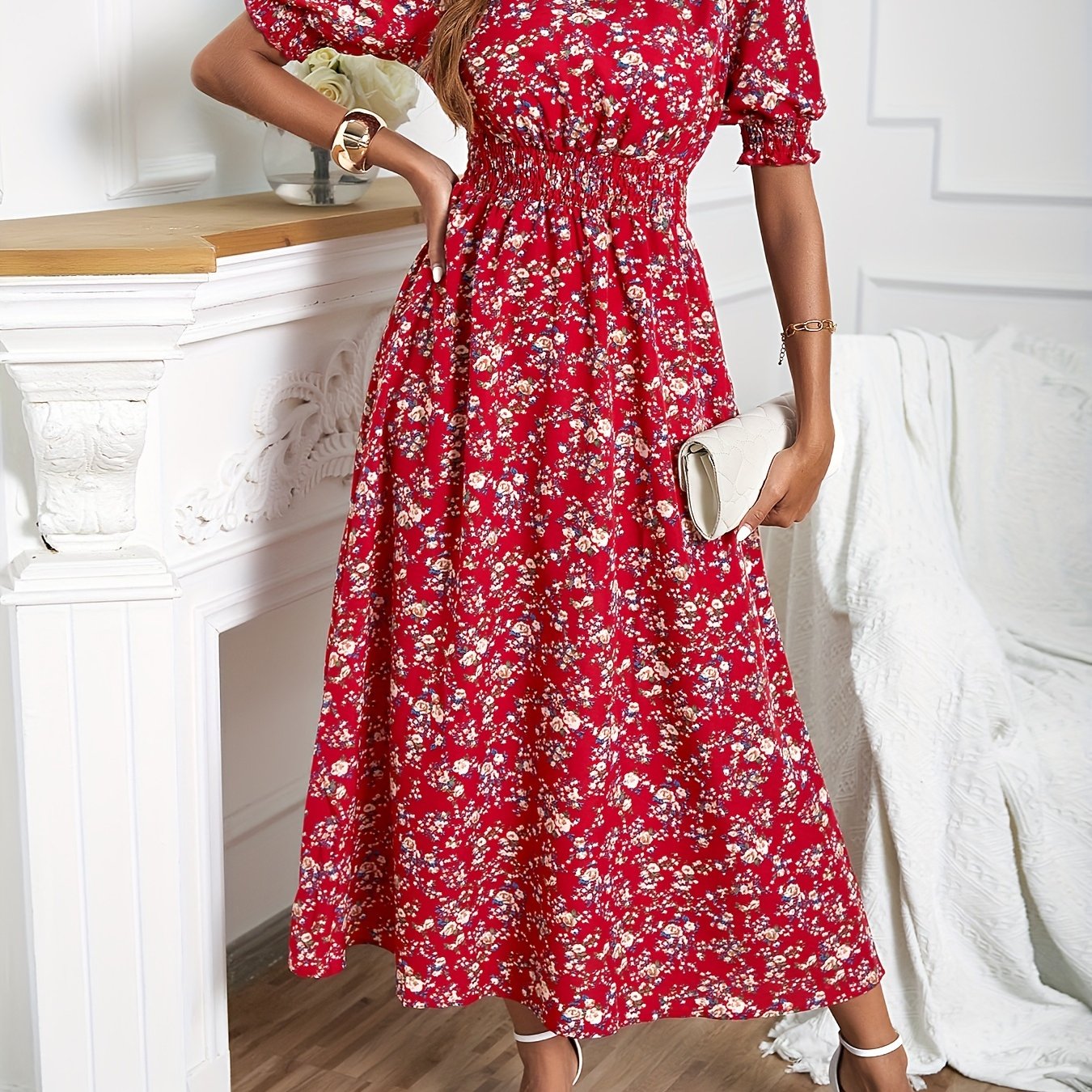 Blossoming floral print dress - Romantic Puff Sleeves & Shirred Bodice - Perfect for Spring/Summer - Flattering Crew Neck - Stylish Womens Casual Wear