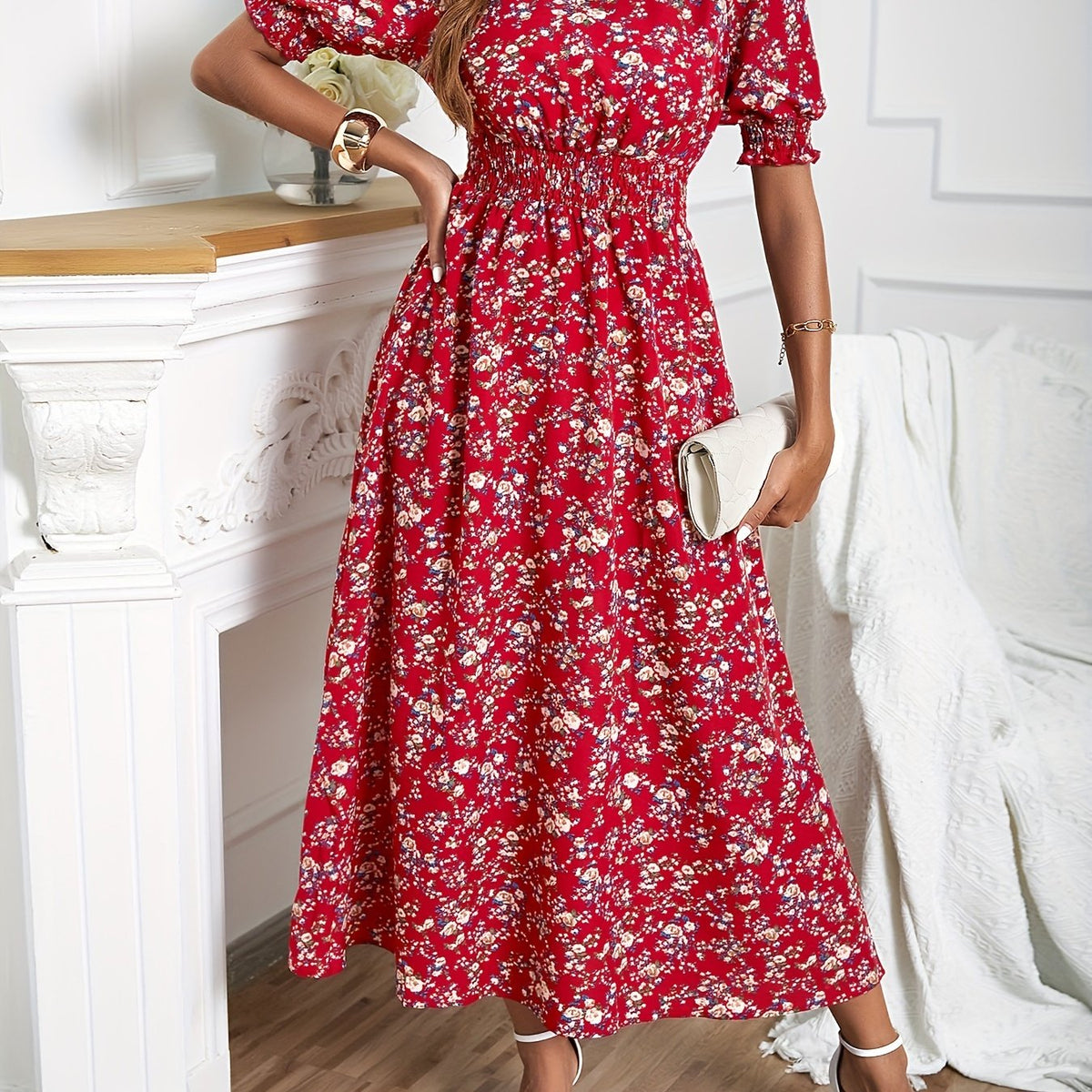 Blossoming floral print dress - Romantic Puff Sleeves & Shirred Bodice - Perfect for Spring/Summer - Flattering Crew Neck - Stylish Womens Casual Wear