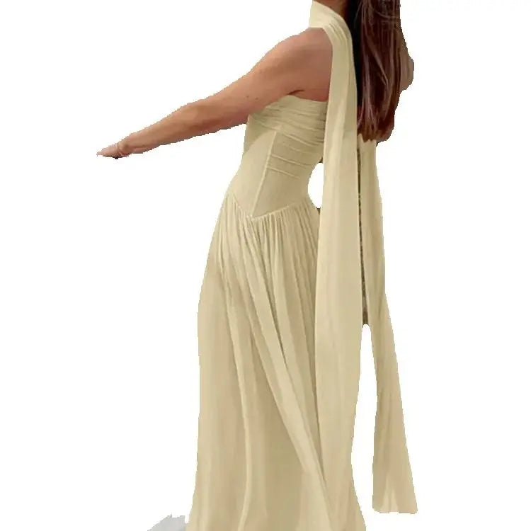 Temperament Mesh Patchwork Maxi Dress Women Solid Scarf+Sexy Backless Strapless Ruffles Midnight Banquet Party Outfits